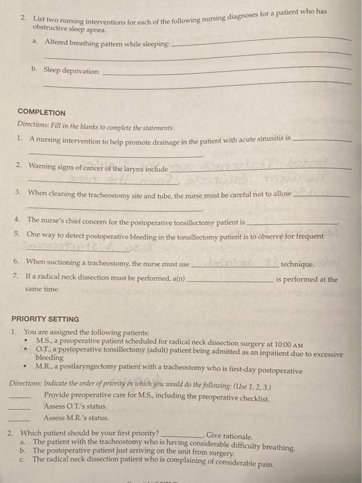 Solved 2. List two nursing interventions for each of the
