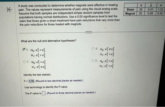 Solved A study was conducted to determine whether magnets | Chegg.com