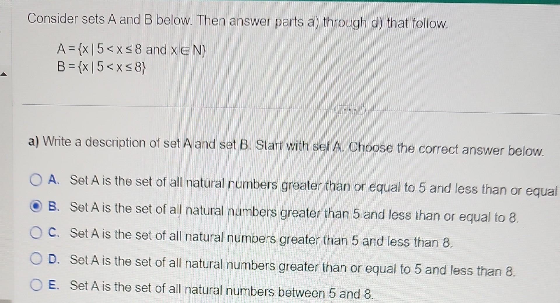 Solved Consider Sets A And B Below. Then Answer Parts A) | Chegg.com