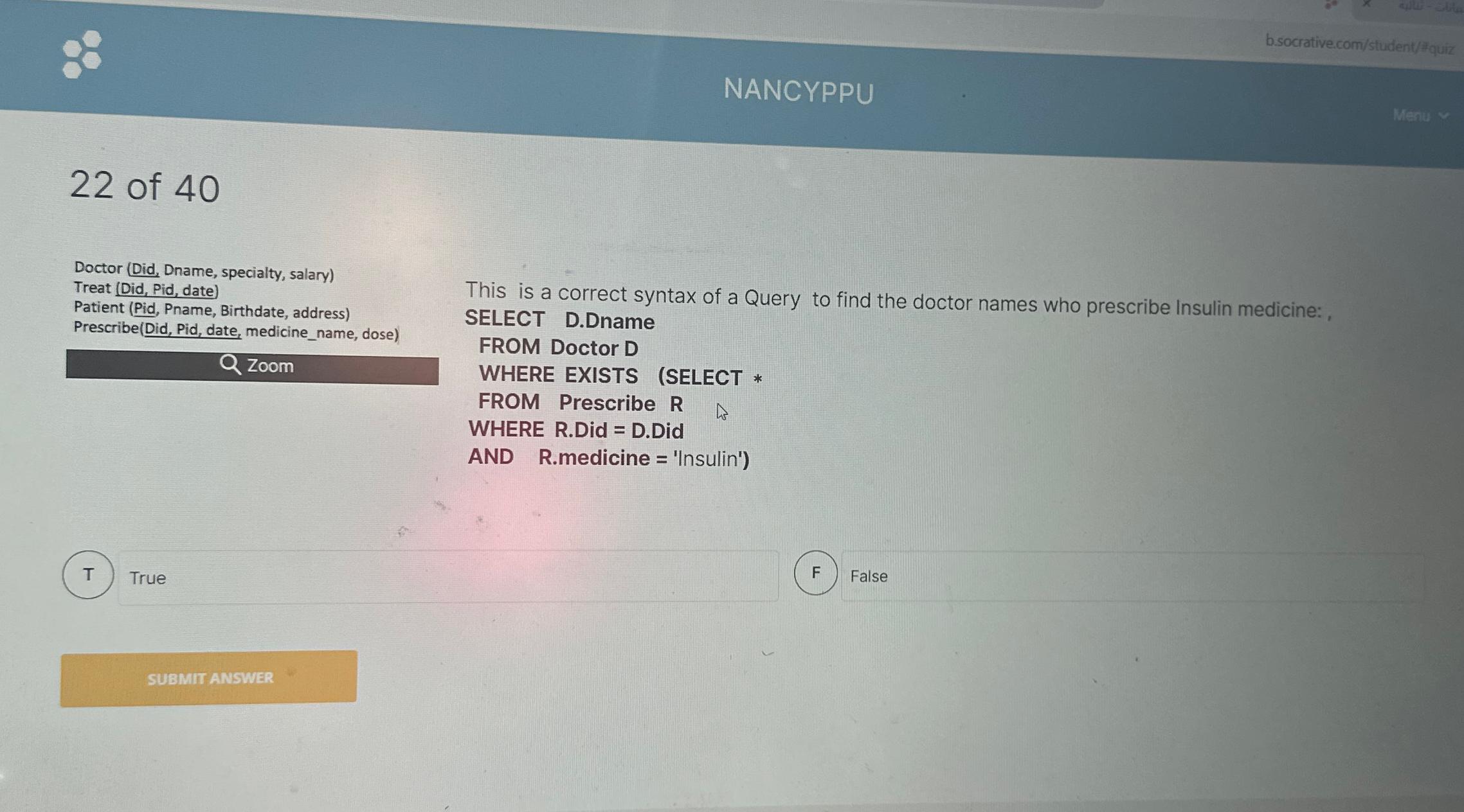 Solved NANCYPPU22 ﻿of 40Doctor (Did, ﻿Dname, specialty, | Chegg.com