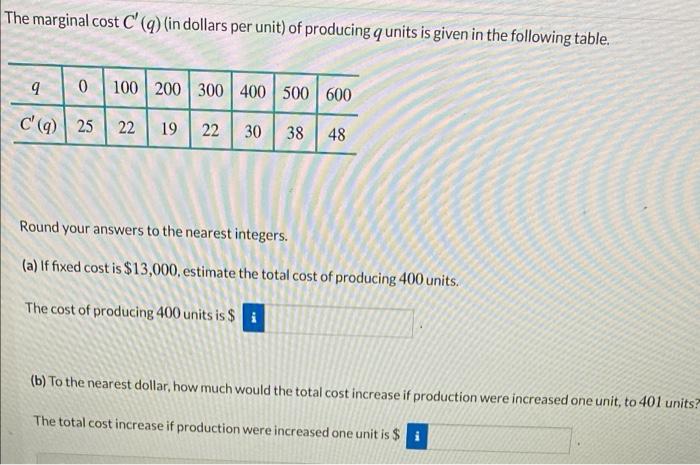 Solved The marginal cost C' (q) (in dollars per unit) of | Chegg.com