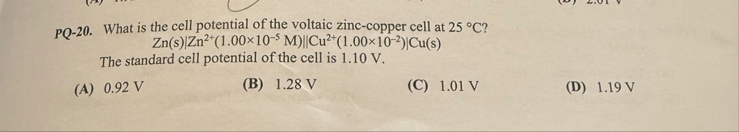 Solved PQ-20. ﻿What is the cell potential of the voltaic | Chegg.com