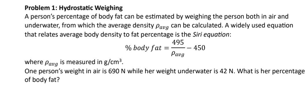 Hydrostatic weighing and body fat percentage estimation