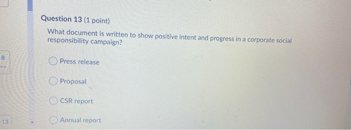 Question 13 (1 point) What document is written to show positive intent and progress in a corporate social responsibility camp