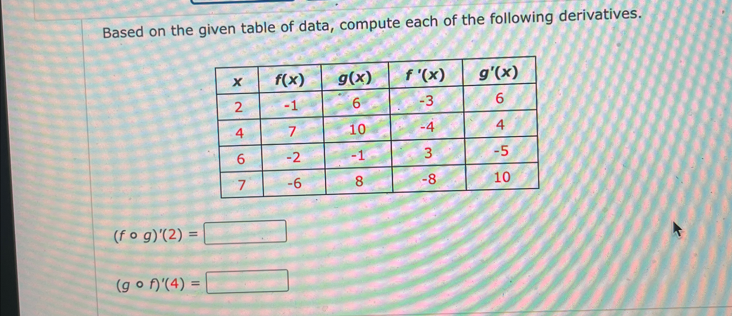Solved Based on the given table of data, compute each of the | Chegg.com