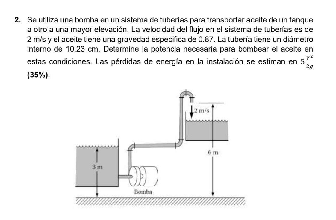 2. Se utiliza una bomba en un sistema de tuberías para transportar aceite de un tanque a otro a una mayor elevación. La veloc