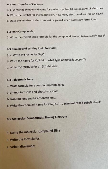 Solved 6.1 lons Transfer of Electrons 1. a. Write the Chegg