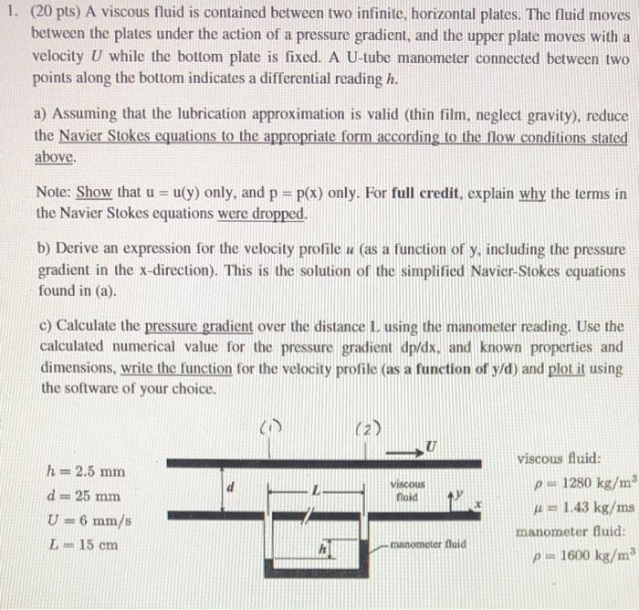 Solved 1. (20 pts) A viscous fluid is contained between two | Chegg.com