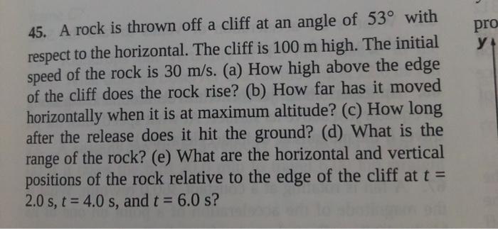 Solved pro y 45. A rock is thrown off a cliff at an angle of | Chegg.com