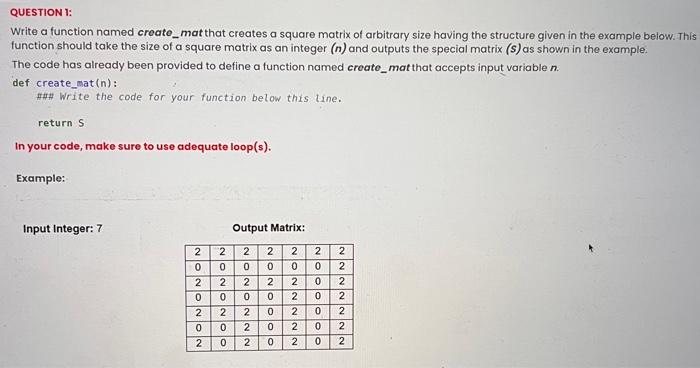 Solved Write a function named creato_ mat that creates a | Chegg.com