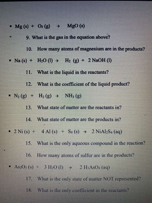 Solved Parts Of Chemical Equations Worksheet Directions 1843