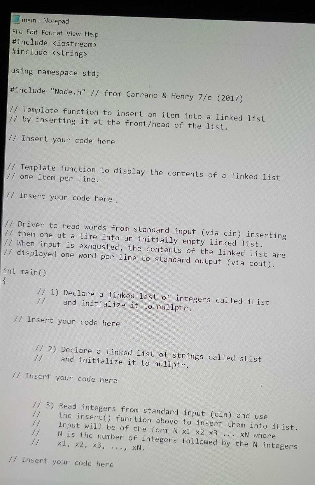 1.8 LAB: Using a Node template class two maintain | Chegg.com