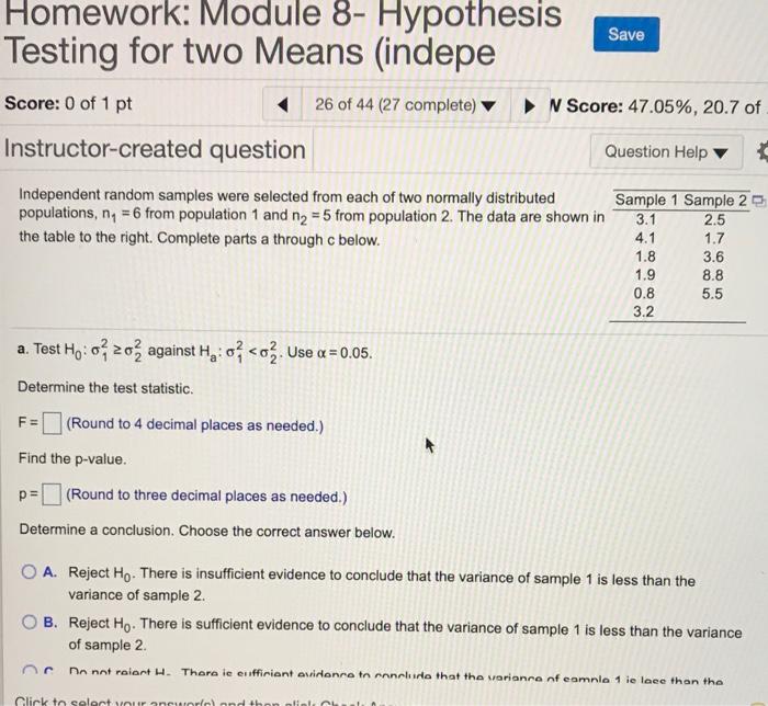 Solved Homework: Module 8- Hypothesis Testing for two Means | Chegg.com