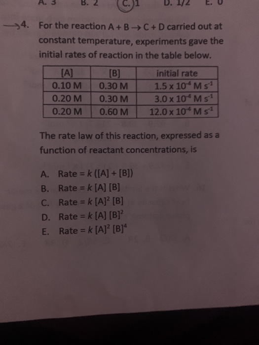 Solved B. 2 D. 1/2 ->4. For the reaction A + B + C + D | Chegg.com