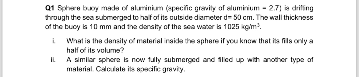 Solved Q1 ﻿Sphere buoy made of aluminium (specific gravity | Chegg.com