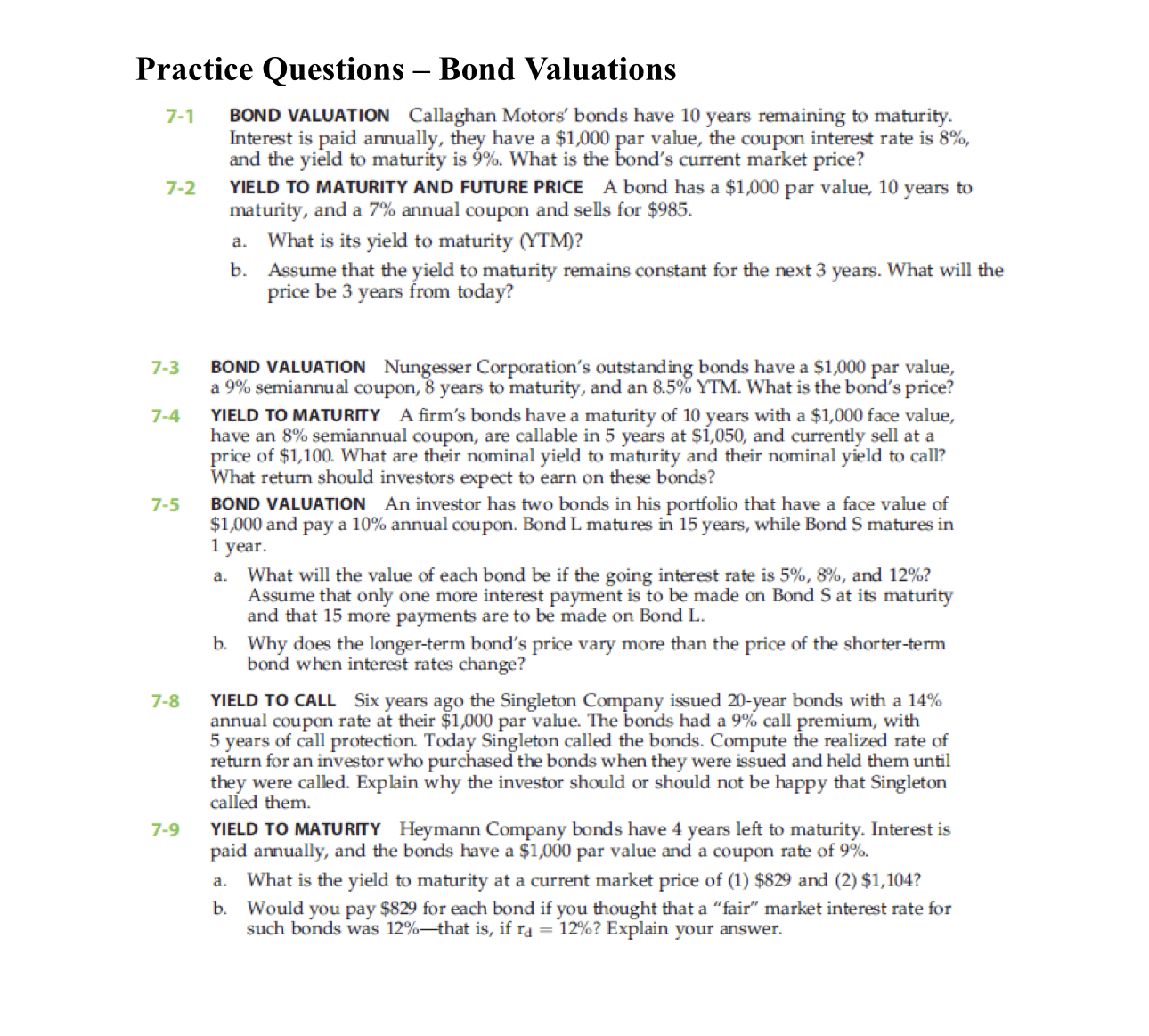 Solved Practice Questions - ﻿Bond Valuations7-1 ﻿BOND | Chegg.com