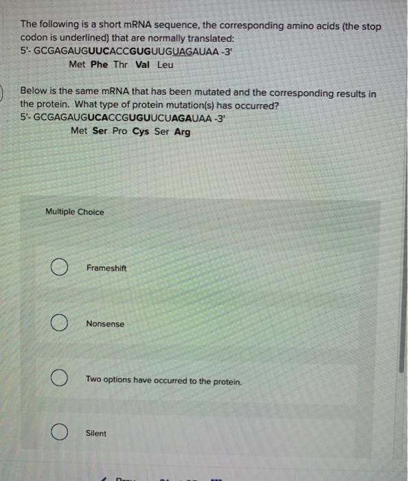 Solved The following is a short mRNA sequence, the | Chegg.com
