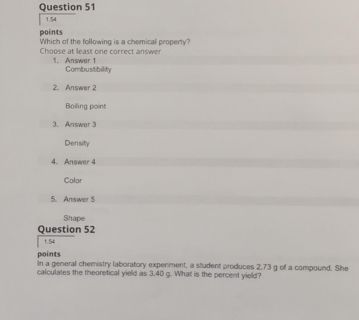 Solved 1.54 points Which of the following is a chemical | Chegg.com