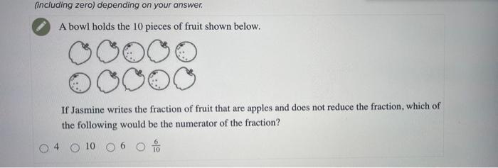 A bowl holds the 10 pieces of fruit shown below.
If Jasmine writes the fraction of fruit that are apples and does not reduce 