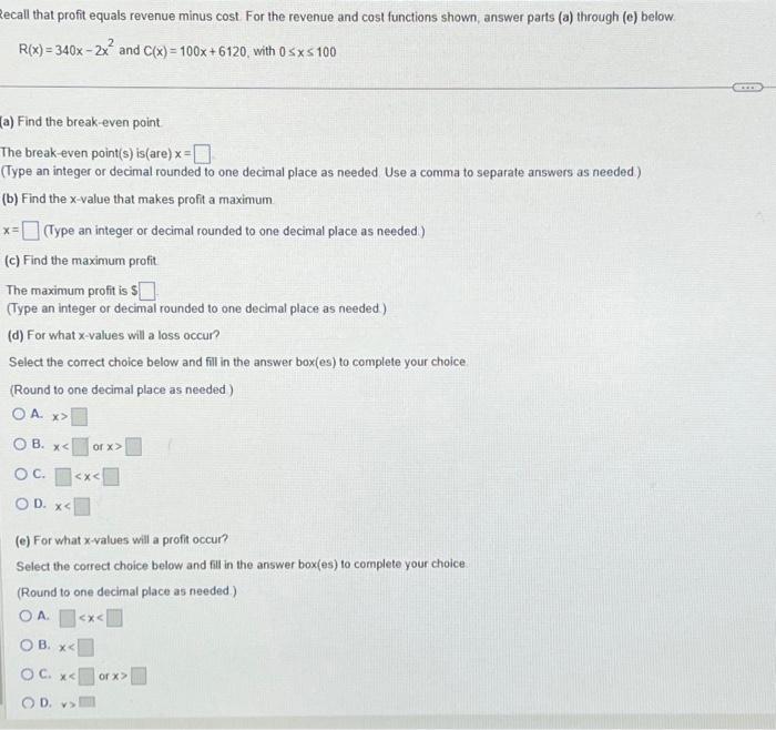 Solved ecall that profit equals revenue minus cost. For the | Chegg.com