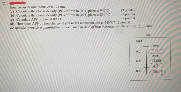 Solved 2. Iron has an atomic radius of 0.124 nm. (a) | Chegg.com