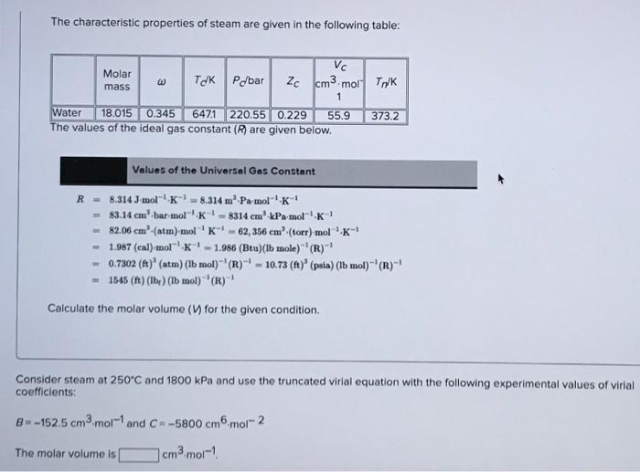 The characteristic properties of steam are given in | Chegg.com