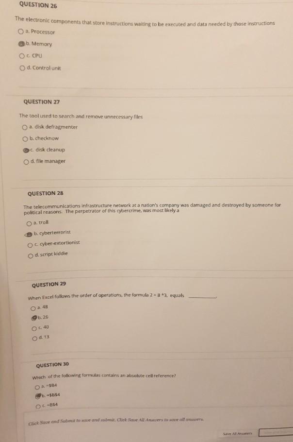 Solved QUESTION 26 The electronic components that store