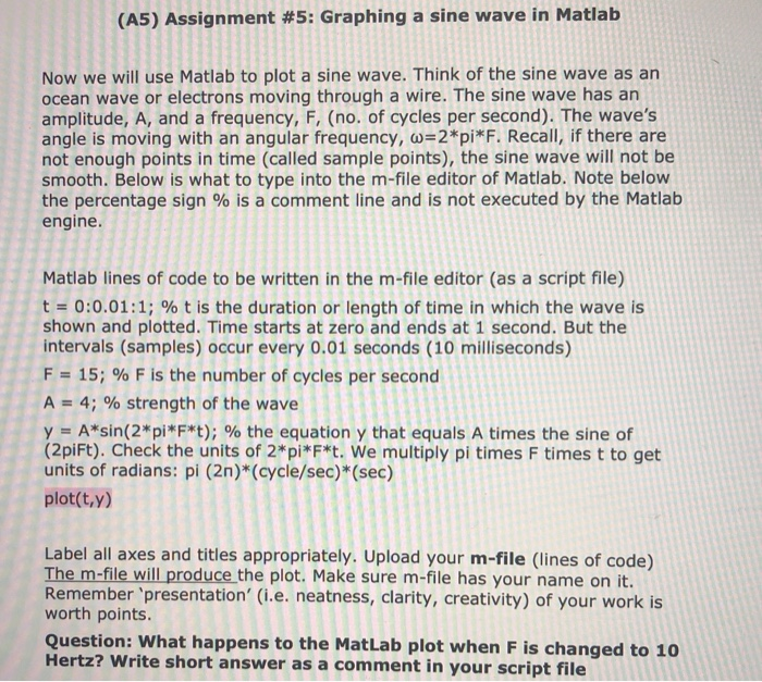 (A5) Assignment #5: Graphing a sine wave in Matlab Now we will use Matlab to plot a sine wave. Think of the sine wave as an o