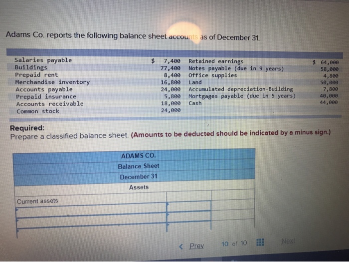 Solved Adams Co Reports The Following Balance Sheet Chegg