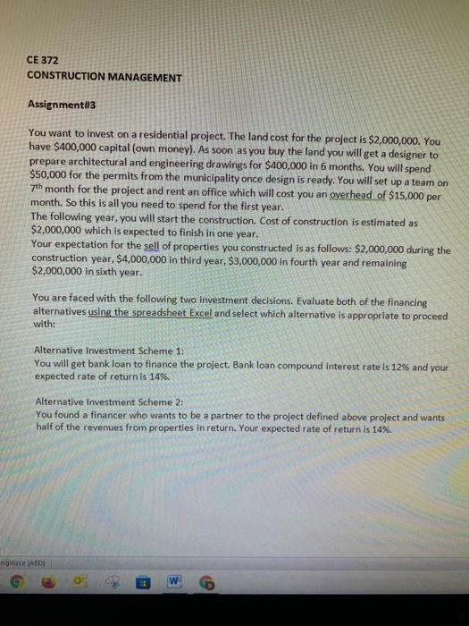 Solved CE 372 CONSTRUCTION MANAGEMENT Assignment#3 You want | Chegg.com