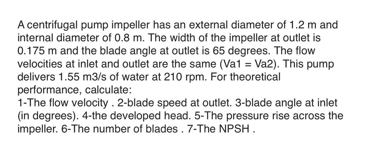 Solved A Centrifugal Pump Impeller Has An External Diameter | Chegg.com