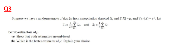 Solved Q3Suppose we have a random sample of size 2n ﻿from a | Chegg.com