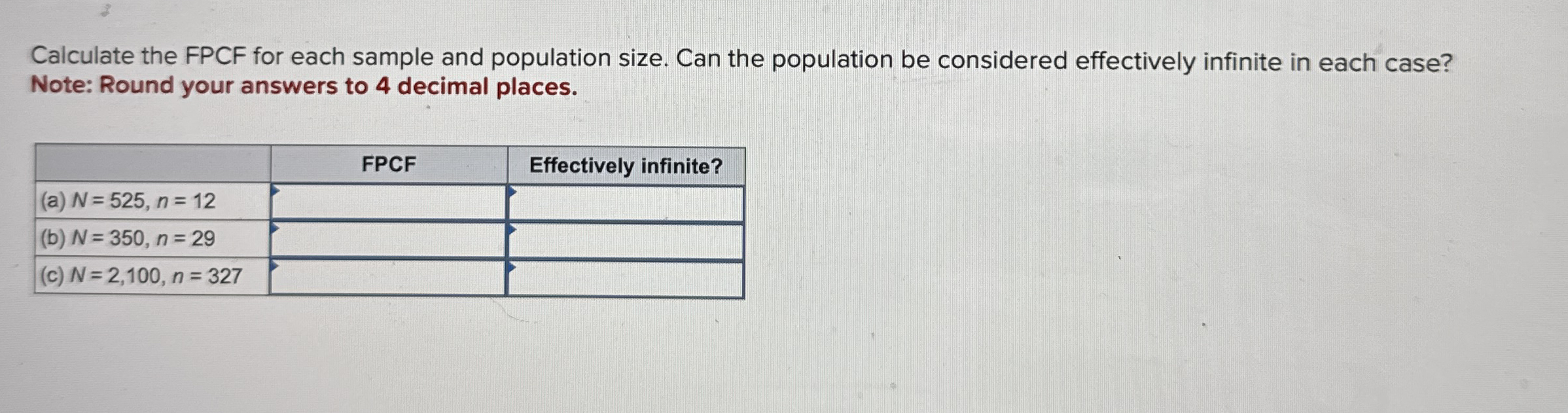 Solved Calculate the FPCF for each sample and population | Chegg.com