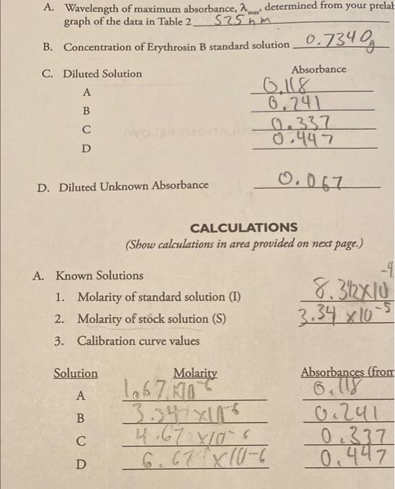 Solved A. Wavelength of maximum absorbance, 2. determined | Chegg.com