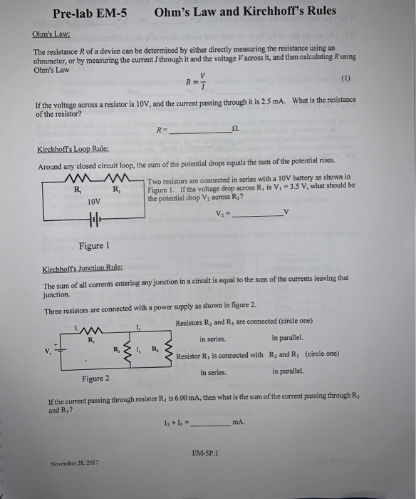 Solved Pre lab EM 5 Ohm s Law And Kirchhoff s Rules Ohm s Chegg