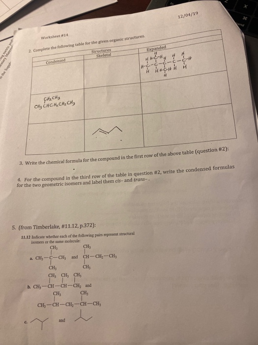 Solved 12 04 19 Worksheet 14 2. Complete the following table