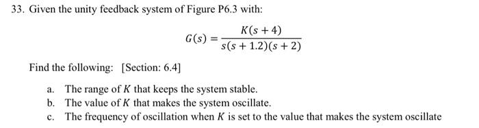 Solved 33. Given the unity feedback system of Figure P6.3 | Chegg.com