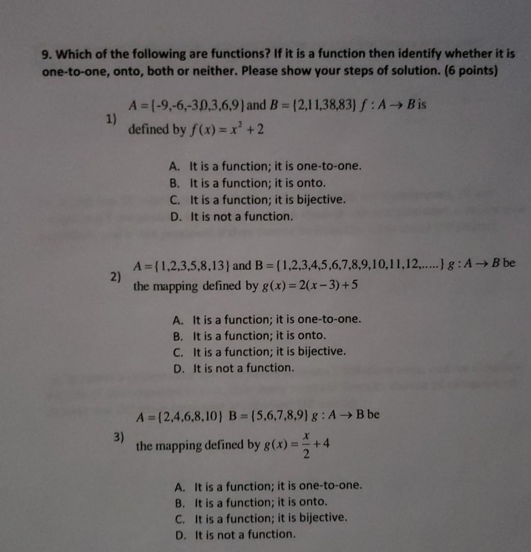 Solved 9. Which of the following are functions? If it is a | Chegg.com