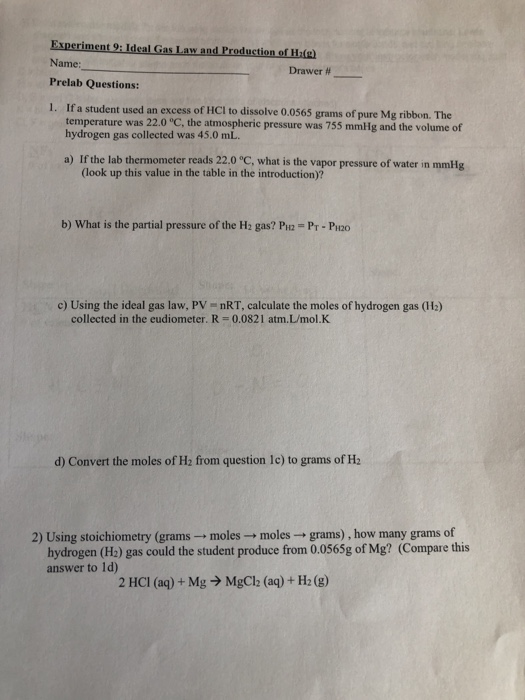 Solved: Experiment 9: Ideal Gas Law And Production Of H2(g ...