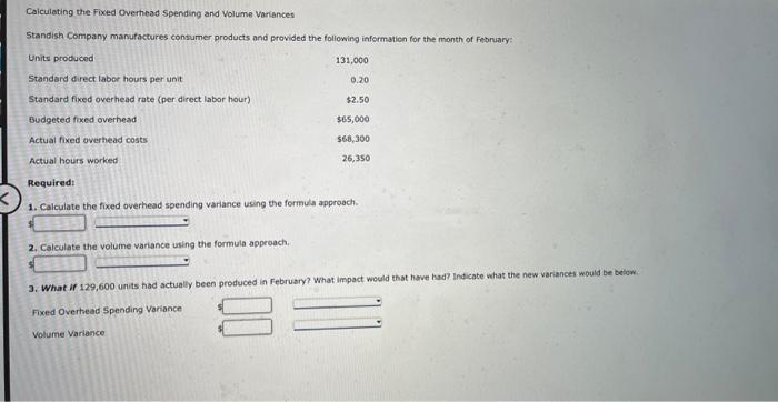 Solved Caiculating the Fixed Overhead Spending and volume | Chegg.com