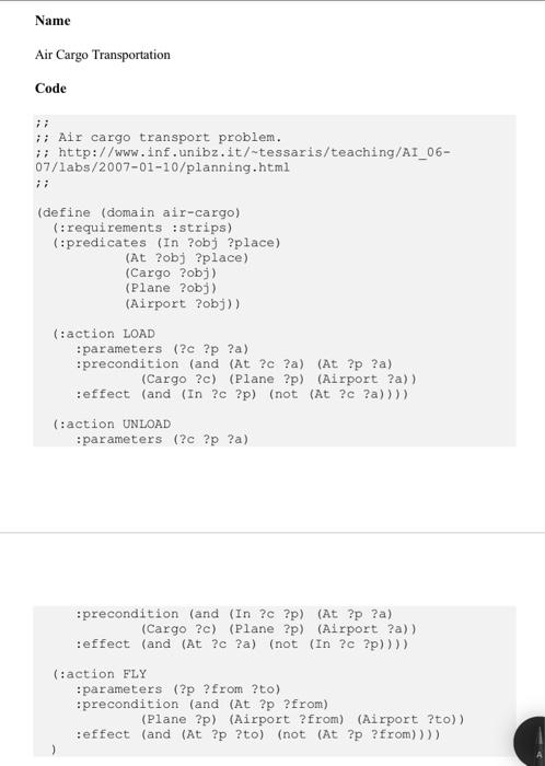 Name Air Cargo Transportation Code :precondition (and | Chegg.com
