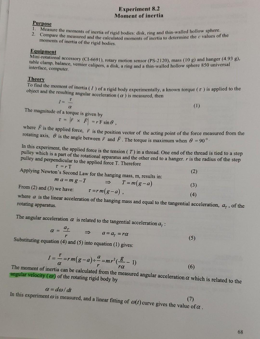 Solved Experiment 8 2 Moment Of Inertia Purpose 1 Measure Chegg