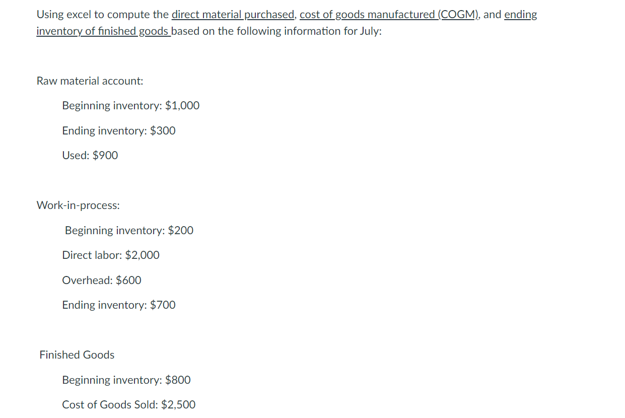 Solved Using excel to compute the direct material purchased,