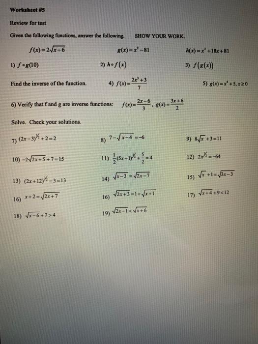 Solved Worksheet 5 Review For Test Given The Following F Chegg Com