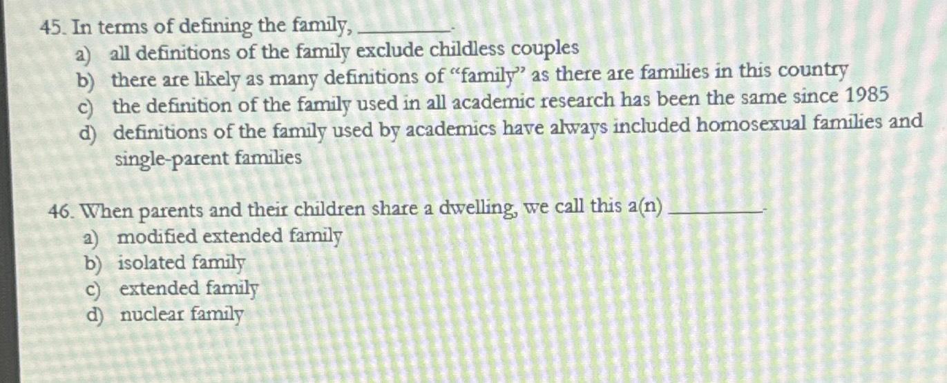 Solved In Terms Of Defining The Family,a) ﻿all Definitions | Chegg.com