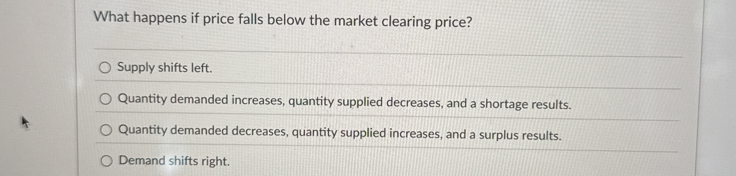 Solved What happens if price falls below the market clearing | Chegg.com
