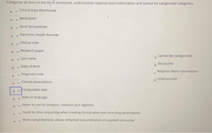 b. b. v b. Categorize all items in the list to structured, unstructured, requires more information and cannot be categorized