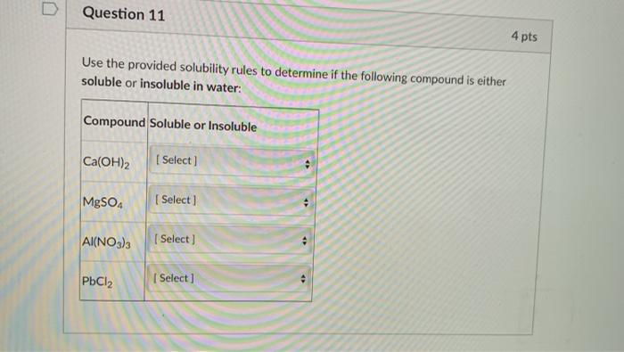 Solved Question 11 4 pts Use the provided solubility rules | Chegg.com