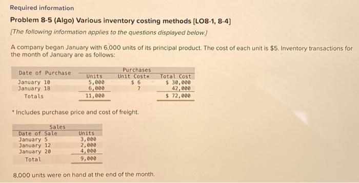 Solved Problem 8-5 (Algo) Various Inventory Costing Methods | Chegg.com