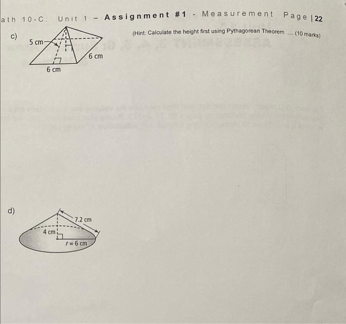 Solved Math 10-C Unit 1 - Assignment #1 - Measurement Page | Chegg.com
